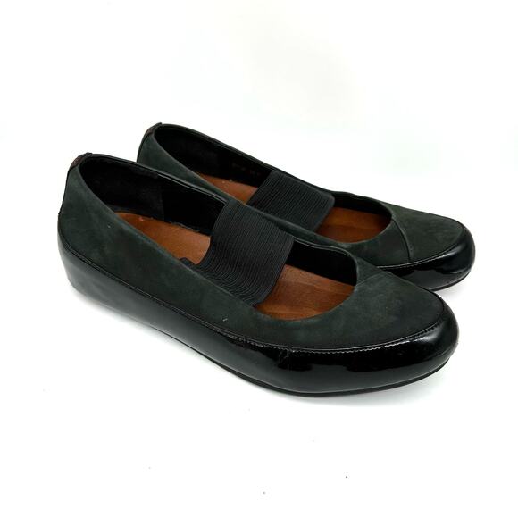 Fitflop Due Mary Jane Shoes Black/Green Leather Ballet Flats Womens Size 38.5 - Picture 1 of 15